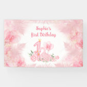 Zwaan Bloemen Veer Roze Wit Meisje 1e Verjaardag Spandoek (Horizontaal)