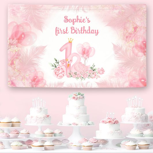 Zwaan Bloemen Veer Roze Wit Meisje 1e Verjaardag Spandoek