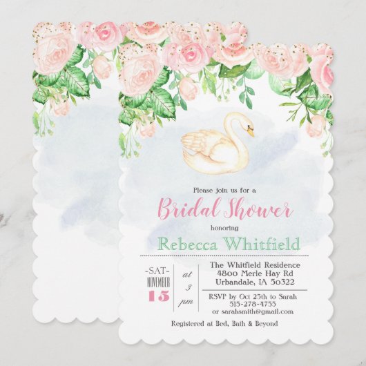 Zwaan Bloemrijke Glitter Bruiloft Uitnodiging (Voorkant / Achterkant)