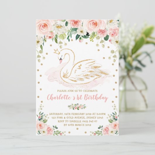 Zwaan / Blush Roze Goud Bloemen Meisje Verjaardag Kaart (Staand voorkant)