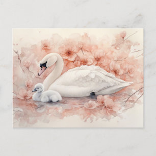 Zwaan Cygnet en Blush Roze Bloemen Briefkaart