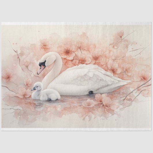 Zwaan Cygnet en Blush Roze Bloemen Decoupage Tissuepapier (Voorkant)