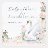 Zwaan Elegante Bloemige Roze Lint Baby Shower Vierkante Sticker (Voorkant)