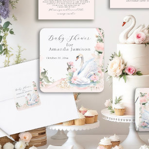 Zwaan Elegante Bloemige Roze Lint Baby Shower Vierkante Sticker