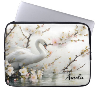 Zwaan en Bloesemmeer in waterverf Laptop Sleeve