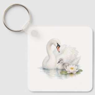Zwaan en jonge zwaan met waterlelies sleutelhanger