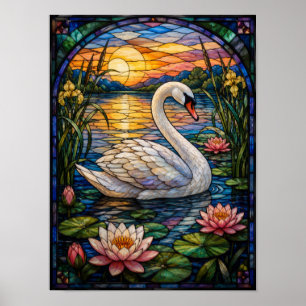Zwaan en Waterlelies Glas-in-Lood Raamontwerp Poster