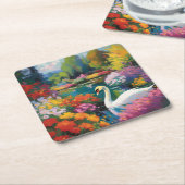 Zwaan in een meer omringd door bloemen kartonnen onderzetters (Schuin)