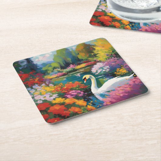 Zwaan in een meer omringd door bloemen kartonnen onderzetters (Schuin)