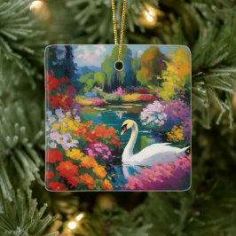 Zwaan in een meer omringd door bloemen keramisch ornament