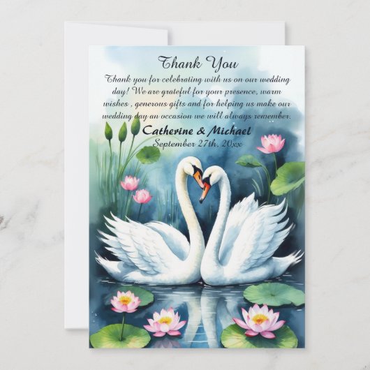 Zwaan In Liefde Waterverf Lotus Vijver Bruiloft Bedankkaart (Voorkant)