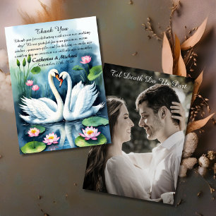 Zwaan In Liefde Waterverf Lotus Vijver Bruiloft Bedankkaart