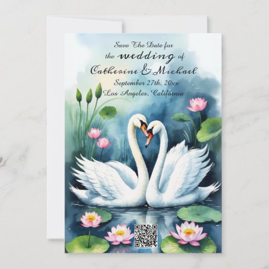 Zwaan In Liefde Waterverf Lotus Vijver QR Code Bru Save The Date (Voorkant)