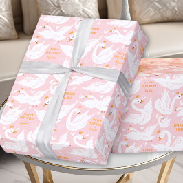 Zwaan Meisje Verjaardag Naam Roze Wrapping Papier
