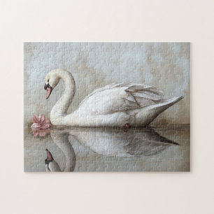 Zwaan met een Blush Pink Flower Painting Legpuzzel