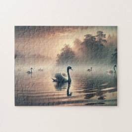 Zwaan Mistig Meer Zonsopgang Rustige Natuur Legpuzzel