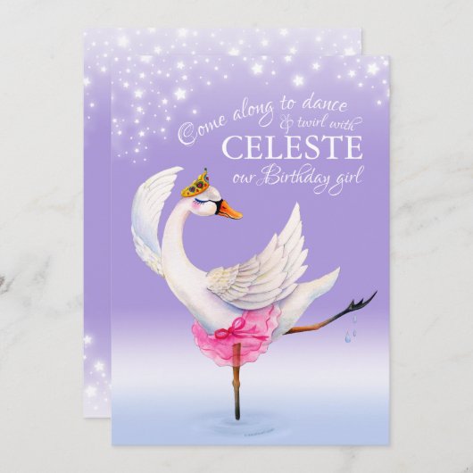 Zwaan op het meer ballet 1e verjaardag paarse uitn kaart (Voorkant / Achterkant)