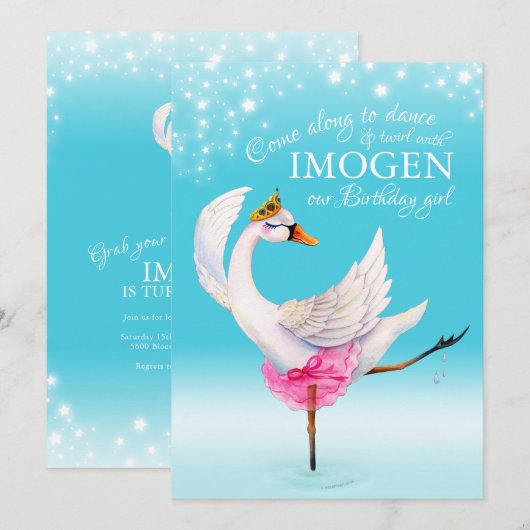 Zwaan op het meer ballet 3e verjaardag aqua uitnod kaart (Voorkant / Achterkant)