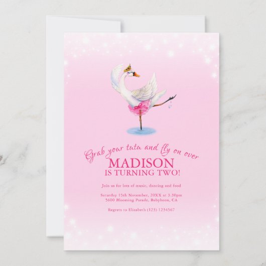 Zwaan op meerballet 2e verjaardag roze kaart (Achterkant)