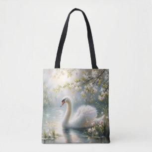 Zwaan op meerkunst voor lente bloemschikking tote bag