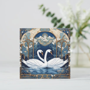 Zwaan Paar Art Nouveau Vogel Art Deco Blauw Feestdagenkaart