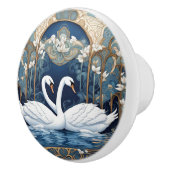 Zwaan Paar Art Nouveau Vogel Art Deco Blauw Keramische Knop (Rechts)