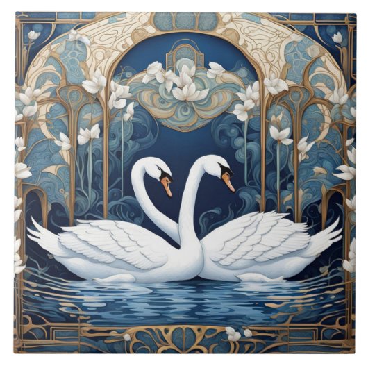 Zwaan Paar Art Nouveau Vogel Art Deco Blauw Tegeltje (Voorkant)