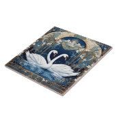 Zwaan Paar Art Nouveau Vogel Art Deco Blauw Tegeltje (Zijkant)
