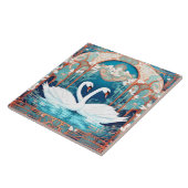 Zwaan Paar Art Nouveau Vogel Turquoise Aqua Blue Tegeltje (Zijkant)