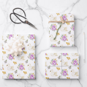 Zwaan Paarse en Gouden Bloemrozen Inpakpapier Vel