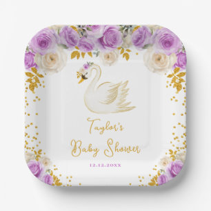 Zwaan Paarse en Gouden Rozen Baby Shower Papieren Bordje
