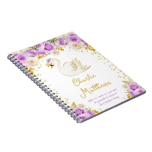 Zwaan Paarse en gouden Rozen Geboortestatistieken Notitieboek (Rechterzijde)