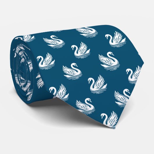Zwaan Patroon 02 - Wit op Ocean Blue Stropdas (Opgerold)