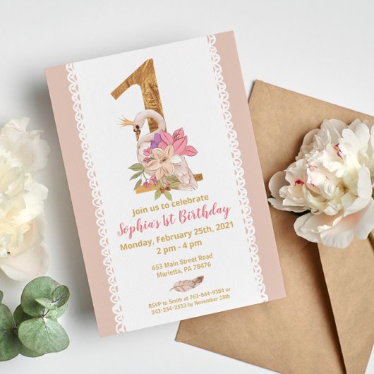 Zwaan Prinses 1e Verjaardag Uitnodiging