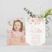 Zwaan Prinses Blush Roze Bloemen 1e Verjaardag Fot Kaart (Staand voorkant)