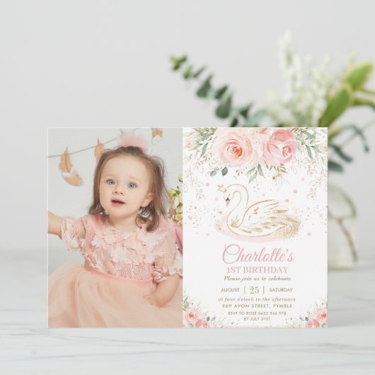 Zwaan Prinses Blush Roze Bloemen 1e Verjaardag Fot Kaart (Staand voorkant)