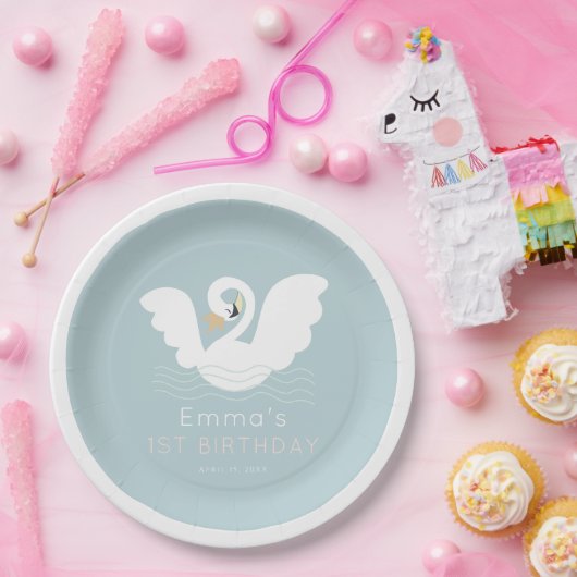 zwaan prinses modern blauw meisje verjaardag papieren bordje (Feest)