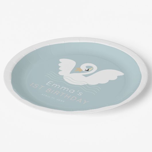 zwaan prinses modern blauw meisje verjaardag papieren bordje (Gekanteld)