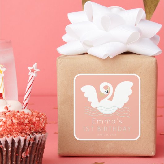 zwaan prinses modern roze meisje verjaardag vierkante sticker (Feest)