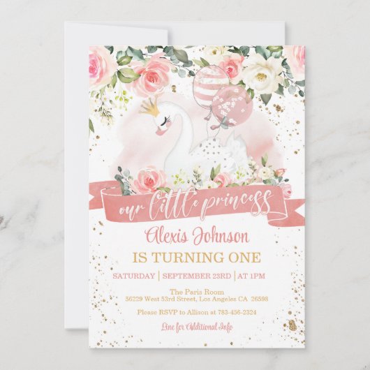 Zwaan Prinses Verjaardag Uitnodiging met Ballonnen (Voorkant)