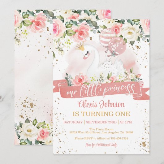 Zwaan Prinses Verjaardag Uitnodiging met Ballonnen (Voorkant / Achterkant)