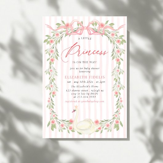 Zwaan Roze Bow Bloemen Rozen Baby shower Uitnodigi Kaart