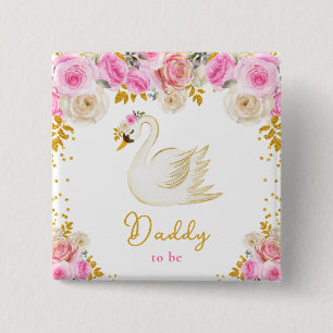 Zwaan Roze en Gouden Rozen Papa Wordt Vierkante Button 5,1 Cm