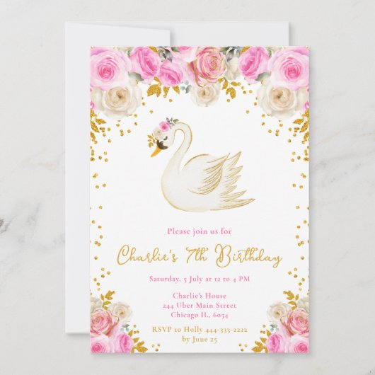 Zwaan Roze en Gouden Rozen Verjaardagsfeestje Kaart (Voorkant)