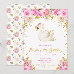 Zwaan Roze en Gouden Rozen Verjaardagsfeestje Kaart