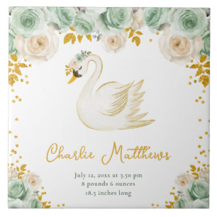 Zwaan Sage Groen en Gouden Rozen Geboorte Statisti Tegeltje