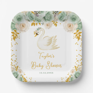 Zwaan Saliegroen en Gouden Rozen Baby Shower Papieren Bordje