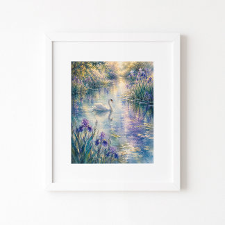 Zwaan tussen de irissen waterverf kunstdruk poster