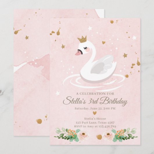 Zwaan Verjaardag Uitnodiging Meisje Prinses Roze G (Voorkant / Achterkant)