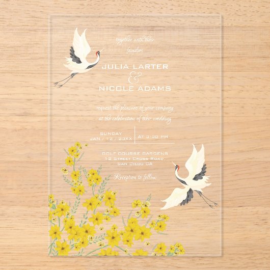 Zwaan Vogels Paradijs Lente Bloemen Bruiloft Acryl Uitnodigingen (Voorkant)